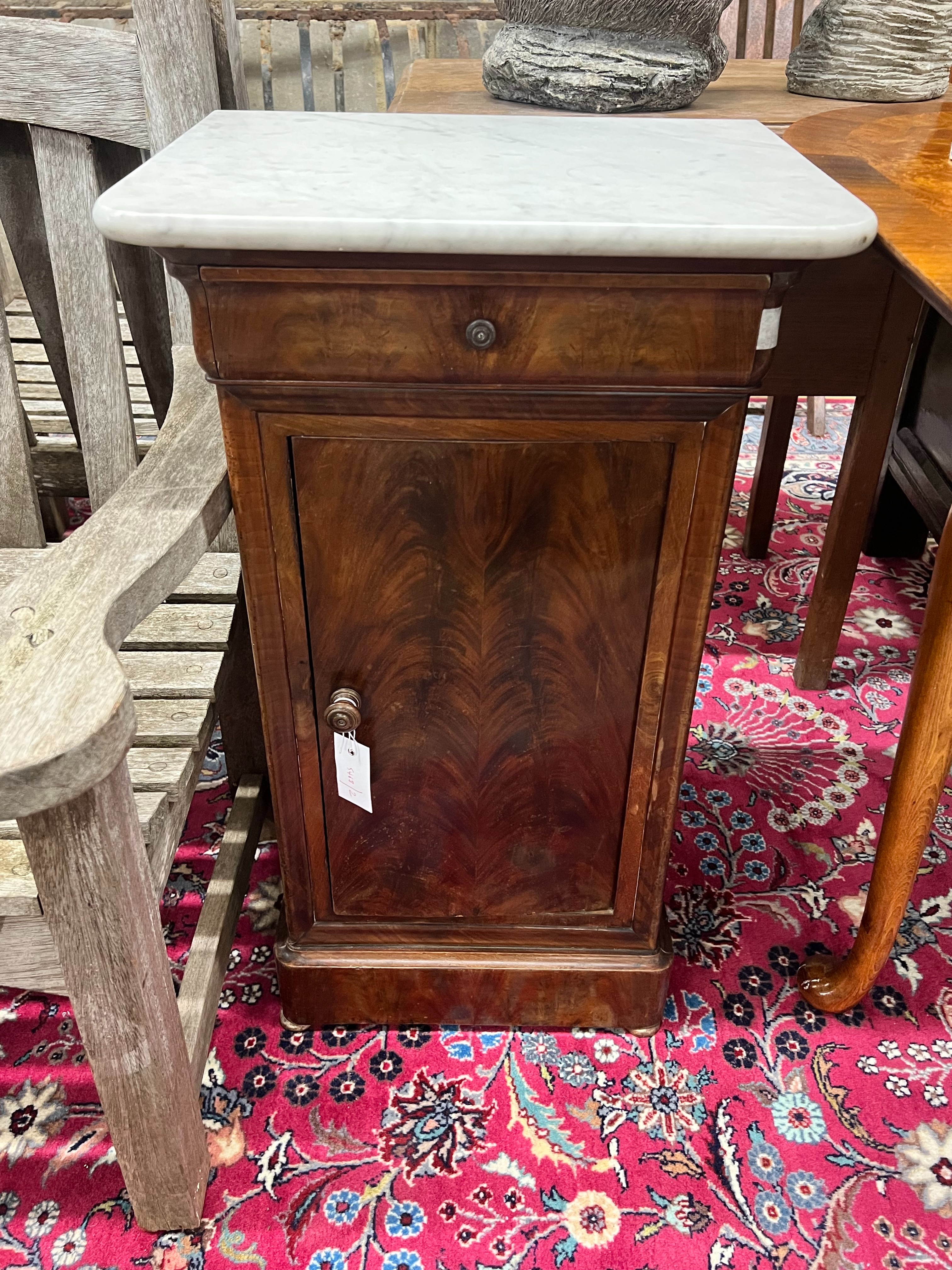 A 19th century French marble topped bedside cabinet, width 44cm depth 35cm height 76cm